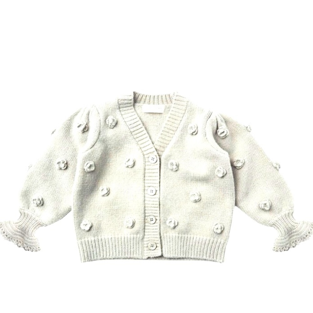 Rylee+Cru Cream Cardigan Puff Sleeves Knit Roses & Crochet Lace Cuffs Sz XS EUC
